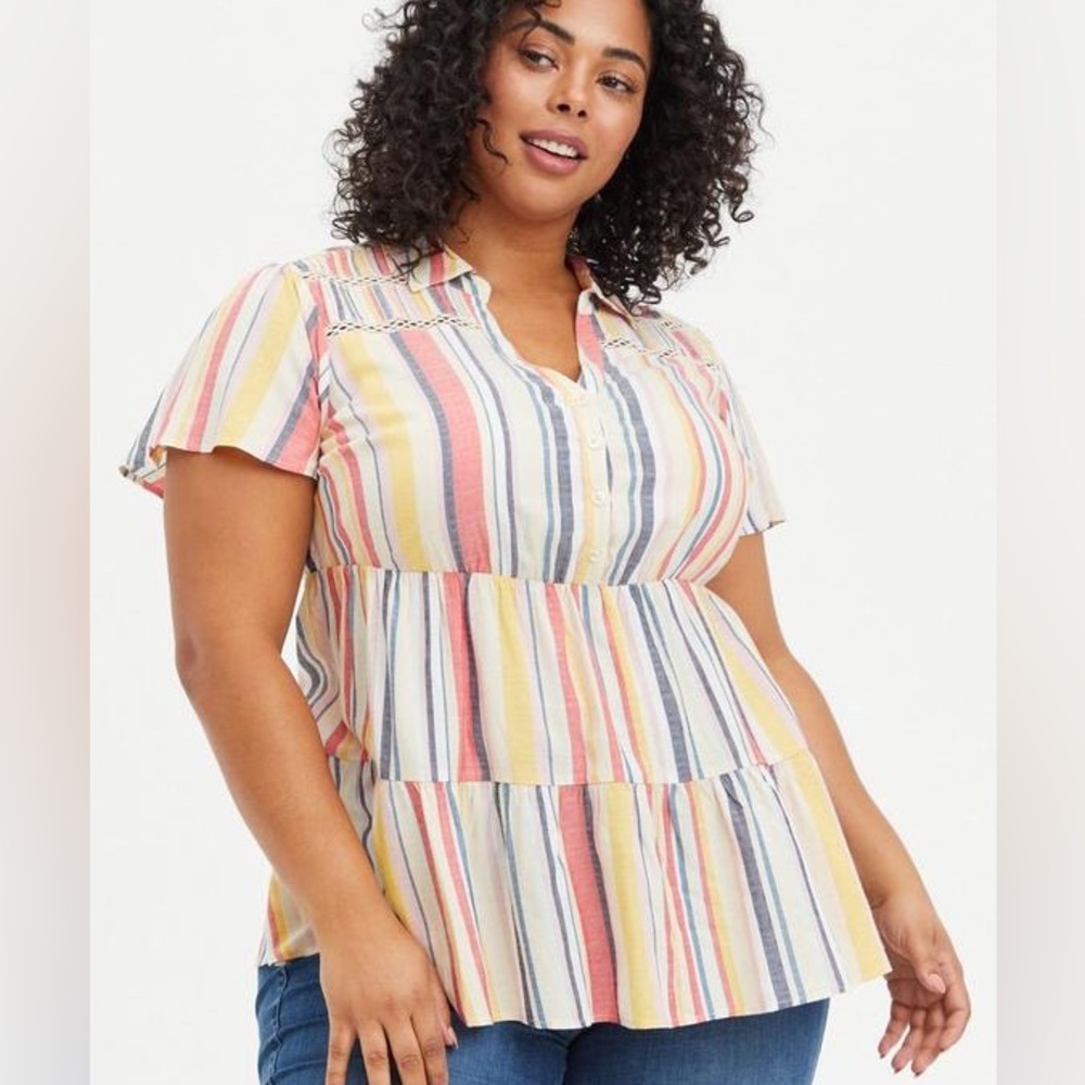 Torrid Babydoll Textured Woven Crochet Inset Tiered Tunic Top Size 2